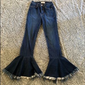 Adorable frayed, bell bottom, blue jeans